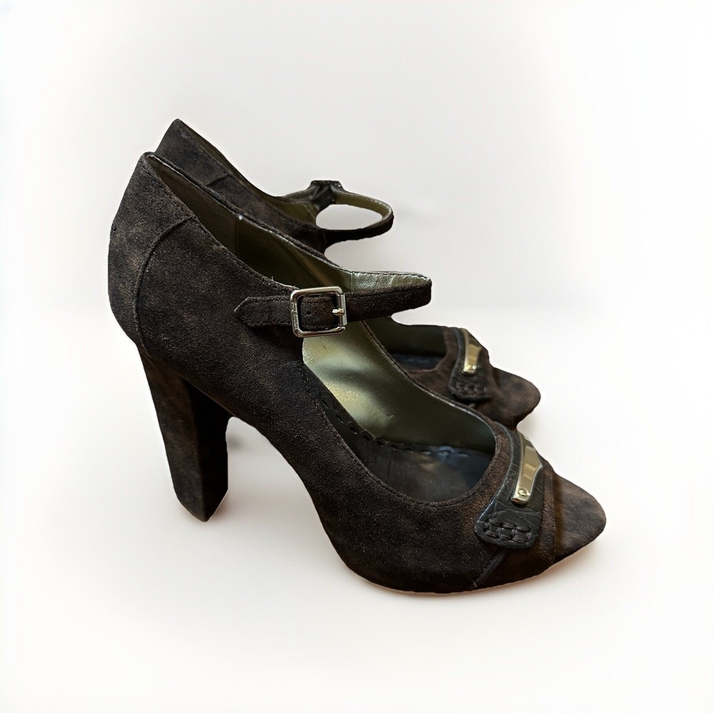 Juicy Couture Brown Suede Leather Heel Open Toe Ankle Strap Heels 7.5 Mary Janes